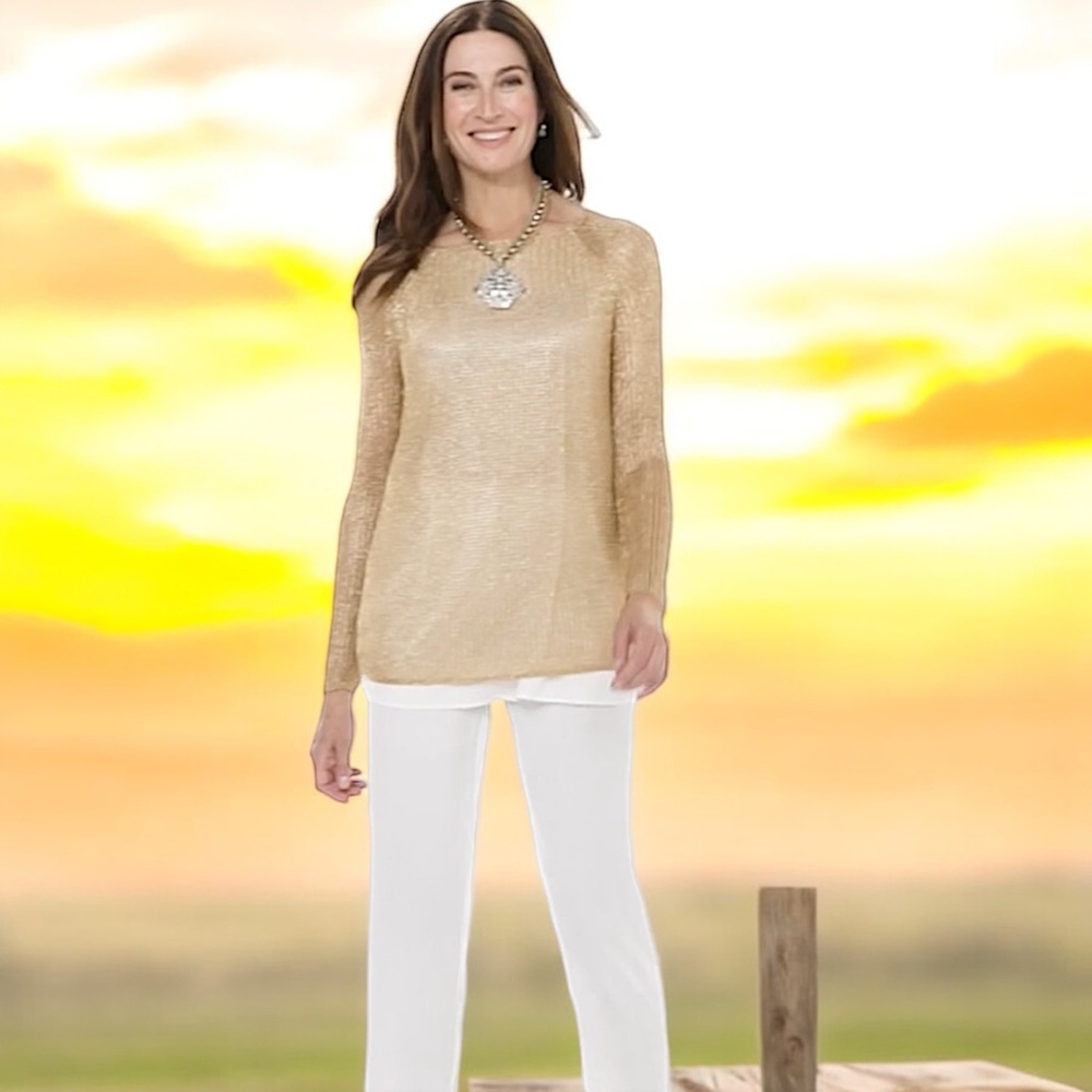 Chico’s Loose Gold Shine-Stitch Amanda Pullover with Attached Shell - Picture 3 of 16